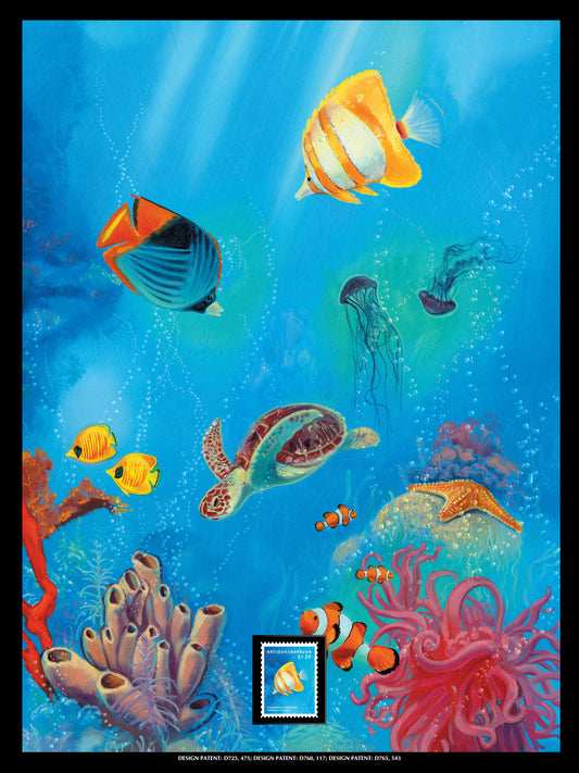 Marine Life "Caribbean" Framed Wall Art with Postage Stamp