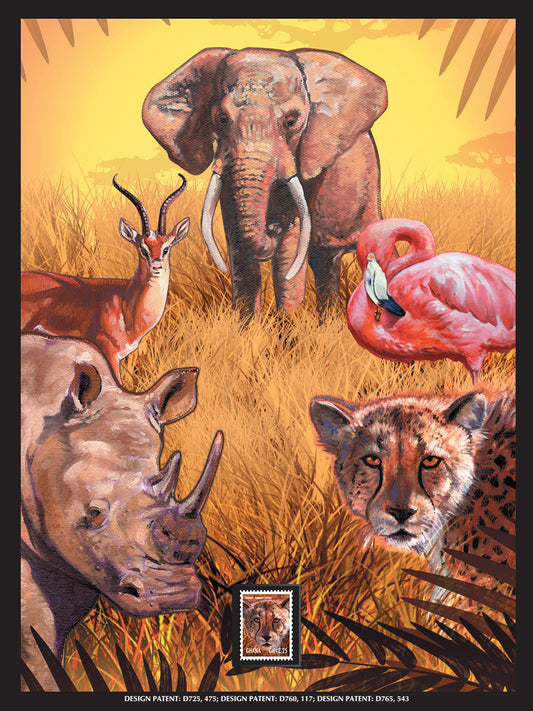 African Wildlife Framed Wall Art with Postage Stamp